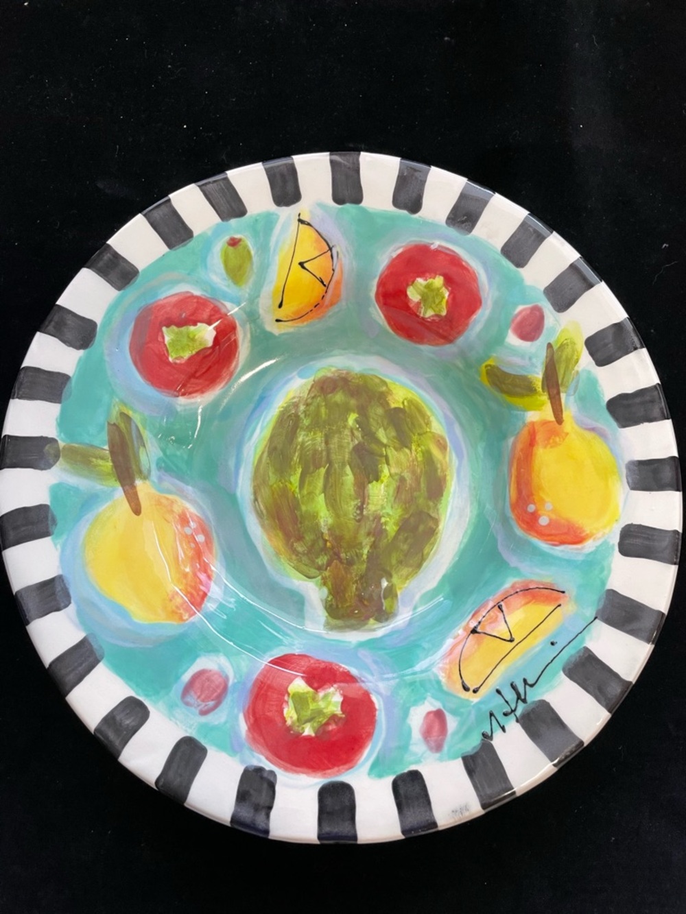 Handmade Ceramic Bowl “ Artichoke &Lemons 12”x3”Original Design Aqua